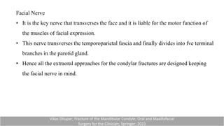Facial Nerve
• It is the key nerve that transverses the face and it is liable for the motor function of
the muscles of facial expression.
• This nerve transverses the temporoparietal fascia and finally divides into fve terminal
branches in the parotid gland.
• Hence all the extraoral approaches for the condylar fractures are designed keeping
the facial nerve in mind.
Vikas Dhupar; Fracture of the Mandibular Condyle; Oral and Maxillofacial
Surgery for the Clinician; Springer; 2021
 