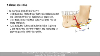 Surgical anatomy:
The marginal mandibular nerve
• The marginal mandibular nerve is encountered in
the submandibular or periangular approach.
• This branch may further subdivide into two or
more branches.
• As a rule, the submandibular incision is given
2 cm below the lower border of the mandible to
prevent paresis of the lower lip.
Vikas Dhupar; Fracture of the Mandibular Condyle; Oral and Maxillofacial
Surgery for the Clinician; Springer; 2021
 