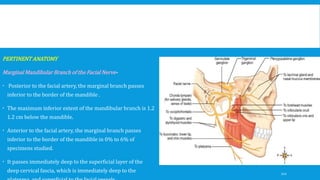 PERTINENT ANATOMY
Marginal Mandibular Branch of the Facial Nerve-
 Posterior to the facial artery, the marginal branch passes
inferior to the border of the mandible .
 The maximum inferior extent of the mandibular branch is 1.2
1.2 cm below the mandible.
 Anterior to the facial artery, the marginal branch passes
inferior to the border of the mandible in 0% to 6% of
specimens studied.
 It passes immediately deep to the superficial layer of the
deep cervical fascia, which is immediately deep to the 112
 