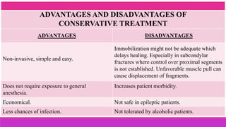 ADVANTAGES DISADVANTAGES
Non-invasive, simple and easy.
Immobilization might not be adequate which
delays healing. Especially in subcondylar
fractures where control over proximal segments
is not established. Unfavorable muscle pull can
cause displacement of fragments.
Does not require exposure to general
anesthesia.
Increases patient morbidity.
Economical. Not safe in epileptic patients.
Less chances of infection. Not tolerated by alcoholic patients.
ADVANTAGES AND DISADVANTAGES OF
CONSERVATIVE TREATMENT
 