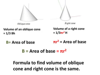 Volume of an oblique cone 
= 1/3 Bh 
Volume of a right cone 
= 1/3πr2 H 
B= Area of base πr2 = Area of base 
B = Area of base = πr2 
Formula to find volume of oblique 
cone and right cone is the same. 
 