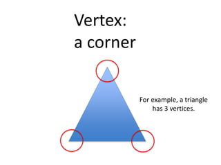 Vertex: 
a corner 
For example, a triangle 
has 3 vertices. 
 