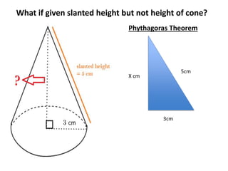 What if given slanted height but not height of cone? 
Phythagoras Theorem 
5cm 
3cm 
X cm 
 