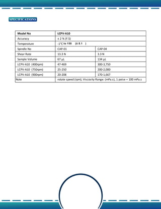 SPECIFICATIONS
Model No
Accuracy
Temperature
Spindle No CAP-01 CAP-04
Shear Rate 13.3 N 3.3 N
Sample Volume 67 μL 134 μL
LCPV-A10 (400rpm) 47-469 300-3,750
LCPV-A10 (750rpm) 25-250 200-2,000
LCPV-A10 (900rpm) 20-208 170-1,667
Note
LCPV-A10
± 2 % (F.S)
-1℃ to 150 (± 0.1 )
rotate speed (rpm); Viscosity Range: (mPa.s), 1 poise = 100 mPa.s
 