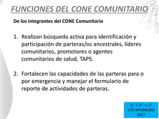 FUNCIONES DEL CONE COMUNITARIO
1. Realizan búsqueda activa para identificación y
participación de parteras/os ancestrales, líderes
comunitarios, promotores o agentes
comunitarios de salud, TAPS.
2. Fortalecen las capacidades de las parteras para o
por emergencia y manejar el formulario de
reporte de actividades de parteras.
De los integrantes del CONE Comunitario
𝑎2
+ 𝑏2
= 𝑐2
UTE INTERNADO
2017
 