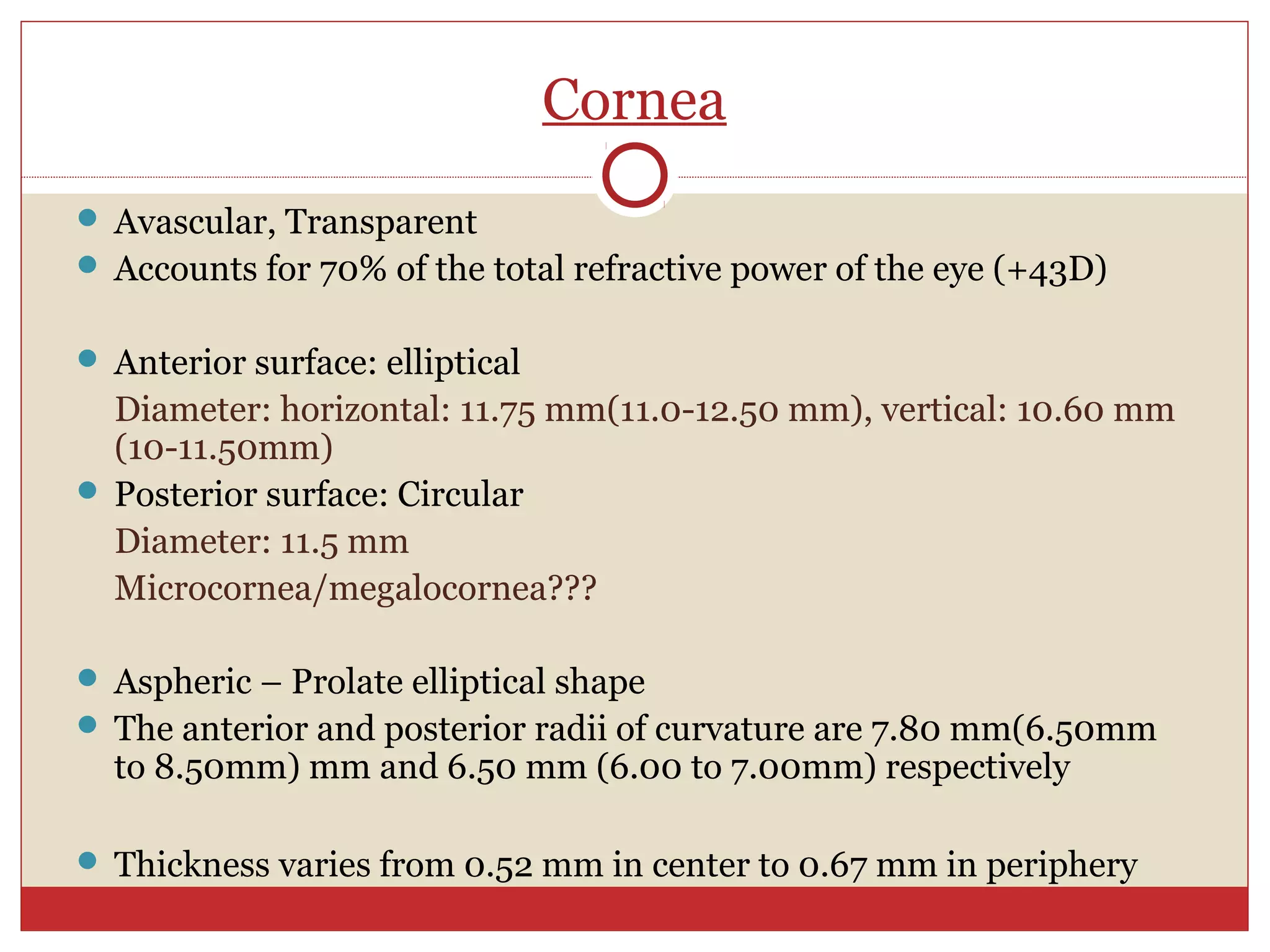 Cornea
 Avascular, Transparent
 Accounts for 70% of the total refractive power of the eye (+43D)
 Anterior surface: elliptical
Diameter: horizontal: 11.75 mm(11.0-12.50 mm), vertical: 10.60 mm
(10-11.50mm)
 Posterior surface: Circular
Diameter: 11.5 mm
Microcornea/megalocornea???
 Aspheric – Prolate elliptical shape
 The anterior and posterior radii of curvature are 7.80 mm(6.50mm
to 8.50mm) mm and 6.50 mm (6.00 to 7.00mm) respectively
 Thickness varies from 0.52 mm in center to 0.67 mm in periphery
 