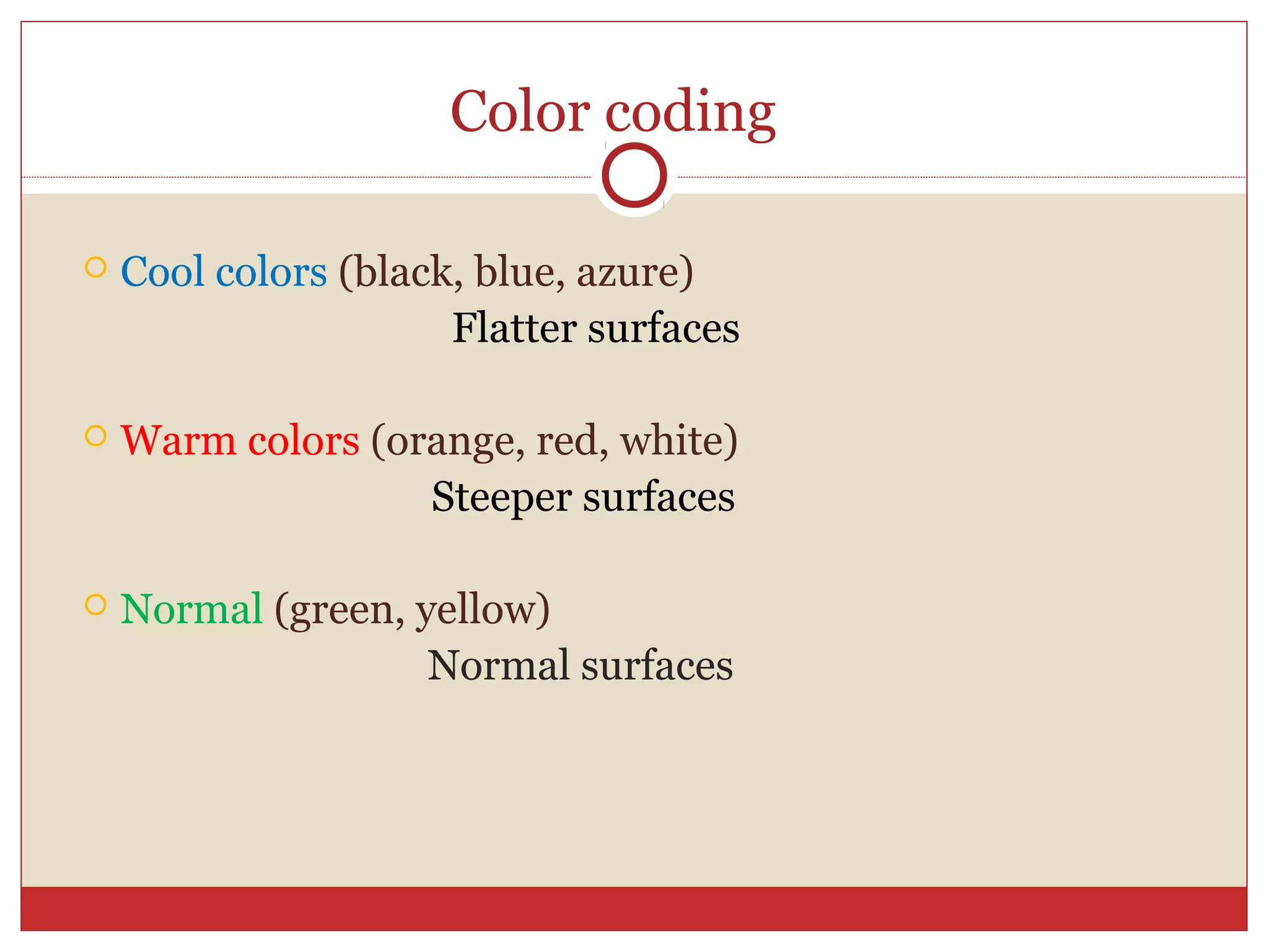 Color coding
 Cool colors (black, blue, azure)
Flatter surfaces
 Warm colors (orange, red, white)
Steeper surfaces
 Normal (green, yellow)
Normal surfaces
 