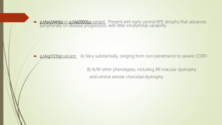  p.(Asn244His) or p.(Val200Glu) variant: Present with early central RPE atrophy that advances
peripherally on disease progression, with little intrafamilial variability
 p.(Arg172Trp) variant: A) Vary substantially, ranging from non-penetrance to severe CORD
B) A/W other phenotypes, including RP, macular dystrophy
and central areolar choroidal dystrophy
 