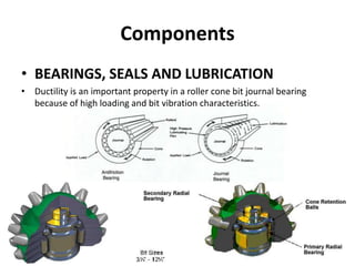 Components
• BEARINGS, SEALS AND LUBRICATION
• Ductility is an important property in a roller cone bit journal bearing
because of high loading and bit vibration characteristics.
 
