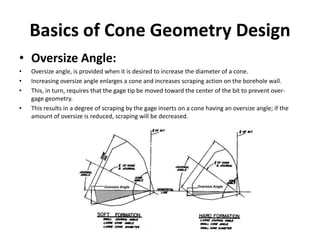 Basics of Cone Geometry Design
• Oversize Angle:
• Oversize angle, is provided when it is desired to increase the diameter of a cone.
• Increasing oversize angle enlarges a cone and increases scraping action on the borehole wall.
• This, in turn, requires that the gage tip be moved toward the center of the bit to prevent over-
gage geometry.
• This results in a degree of scraping by the gage inserts on a cone having an oversize angle; if the
amount of oversize is reduced, scraping will be decreased.
 