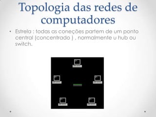 Topologia das redes de
computadores
• Estrela : todas as coneções partem de um ponto
central (concentrado ) , normalmente u hub ou
switch.
 