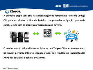 Etapas:
A primeira etapa consistiu na apresentação da ferramenta leitor de Código
QR para os alunos, a fim de fazê-los compreender a ligação que seria
estabelecida com os arquivos armazenados na nuvem.

O conhecimento adquirido sobre leitores de Códigos QR e armazenamento
na nuvem permitiu iniciar a segunda etapa, que resultou na instalação dos
APPS nos celulares e tablets dos alunos.

Profº Bruno Almeida

 