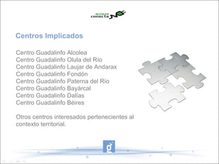 Centros Implicados

Centro Guadalinfo Alcolea
Centro Guadalinfo Olula del Río
Centro Guadalinfo Laujar de Andarax
Centro Guadalinfo Fondón
Centro Guadalinfo Paterna del Río
Centro Guadalinfo Bayárcal
Centro Guadalinfo Dalías
Centro Guadalinfo Béires

Otros centros interesados pertenecientes al
contexto territorial.
 
