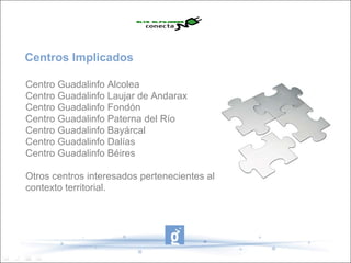 Centros Implicados

Centro Guadalinfo Alcolea
Centro Guadalinfo Laujar de Andarax
Centro Guadalinfo Fondón
Centro Guadalinfo Paterna del Río
Centro Guadalinfo Bayárcal
Centro Guadalinfo Dalías
Centro Guadalinfo Béires

Otros centros interesados pertenecientes al
contexto territorial.
 