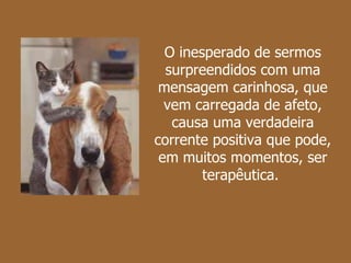 O inesperado de sermos surpreendidos com uma mensagem carinhosa, que vem carregada de afeto, causa uma verdadeira corrente positiva que pode, em muitos momentos, ser terapêutica.  