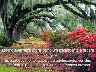 Espero suas mensagens como um adolescente a espera dos amigos.  Se isso, realmente, é coisa de adolescente, concluo que, para algumas coisas, não deveríamos crescer nunca! 
