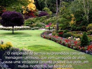 O inesperado de sermos surpreendidos com uma mensagem carinhosa, que vem carregada de afeto, causa uma verdadeira corrente positiva que pode, em muitos momentos, ser terapêutica.  