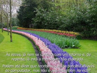 Às vezes, já nem se contava com um retorno e, de repente, lá está a mensagem tão esperada.  Podem até dizer que recebemos muita porcaria através do computador, mas não é assim também na vida?  