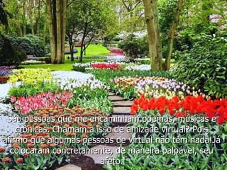 São pessoas que me encaminham poemas, músicas e crônicas. Chamam a isso de amizade virtual? Pois afirmo que algumas pessoas de virtual não têm nada!Já colocaram concretamente, de maneira palpável, seu afeto. 