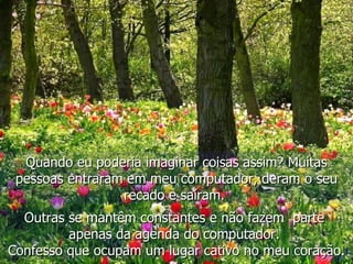 Quando eu poderia imaginar coisas assim? Muitas pessoas entraram em meu computador, deram o seu recado e saíram.   Outras se mantêm constantes e não fazem  parte  apenas da agenda do computador.  Confesso que ocupam um lugar cativo no meu coração. 