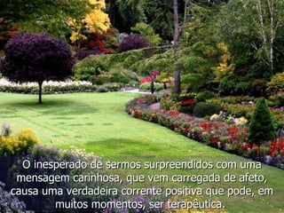 O inesperado de sermos surpreendidos com uma mensagem carinhosa, que vem carregada de afeto, causa uma verdadeira corrente positiva que pode, em muitos momentos, ser terapêutica.  