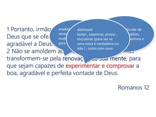 1 Portanto, irmãos, rogo-lhes pelas misericórdias de
Deus que se ofereçam em sacrifício vivo, santo e
agradável a Deus; este é o culto racional de vocês.
2 Não se amoldem ao padrão deste mundo, mas
transformem-se pela renovação da sua mente, para
que sejam capazes de experimentar e comprovar a
boa, agradável e perfeita vontade de Deus.
Romanos 12
anakainōsisa
renovação ,
mudança completa
para o melhor
nous
um modo particular de
pensar e julgar idéias,
sentimentos, objetivos e
desejos
dokimazō
testar , examinar, provar ,
escrutinar (para ver se
uma coisa é verdadeira ou
não ) , como com ouro
 