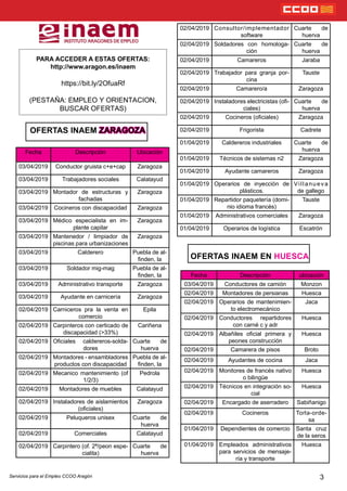 OFERTAS INAEM ZARAGOZA
PARA ACCEDER A ESTAS OFERTAS:
http://www.aragon.es/inaem
https://bit.ly/2OfuaRf
(PESTAÑA: EMPLEO Y ORIENTACION,
BUSCAR OFERTAS)
3
OFERTAS INAEM EN HUESCA
Fecha Descripción Ubicación
03/04/2019 Conductor gruista c+e+cap Zaragoza
03/04/2019 Trabajadores sociales Calatayud
03/04/2019 Montador de estructuras y
fachadas
Zaragoza
03/04/2019 Cocineros con discapacidad Zaragoza
03/04/2019 Médico especialista en im-
plante capilar
Zaragoza
03/04/2019 Mantenedor / limpiador de
piscinas para urbanizaciones
Zaragoza
03/04/2019 Calderero Puebla de al-
nden, la
03/04/2019 Soldador mig-mag Puebla de al-
nden, la
03/04/2019 Administrativo transporte Zaragoza
03/04/2019 Ayudante en carnicería Zaragoza
02/04/2019 Carniceros pra la venta en
comercio
Epila
02/04/2019 Carpinteros con certicado de
discapacidad (>33%)
Cariñena
02/04/2019 Ociales caldereros-solda-
dores
Cuarte de
huerva
02/04/2019 Montadores - ensambladores
productos con discapacidad
Puebla de al-
nden, la
02/04/2019 Mecanico mantenimiento (of
1/2/3)
Pedrola
02/04/2019 Montadores de muebles Calatayud
02/04/2019 Instaladores de aislamientos
(ociales)
Zaragoza
02/04/2019 Peluqueros unisex Cuarte de
huerva
02/04/2019 Comerciales Calatayud
02/04/2019 Carpintero (of. 2ª/peon espe-
cialita)
Cuarte de
huerva
02/04/2019 Consultor/implementador
software
Cuarte de
huerva
02/04/2019 Soldadores con homologa-
ción
Cuarte de
huerva
02/04/2019 Camareros Jaraba
02/04/2019 Trabajador para granja por-
cina
Tauste
02/04/2019 Camarero/a Zaragoza
02/04/2019 Instaladores electricistas (o-
ciales)
Cuarte de
huerva
02/04/2019 Cocineros (ociales) Zaragoza
02/04/2019 Frigorista Cadrete
01/04/2019 Caldereros industriales Cuarte de
huerva
01/04/2019 Técnicos de sistemas n2 Zaragoza
01/04/2019 Ayudante camareros Zaragoza
01/04/2019 Operarios de inyección de
plásticos.
Villanueva
de gallego
01/04/2019 Repartidor paquetería (domi-
nio idioma francés)
Tauste
01/04/2019 Administrativos comerciales Zaragoza
01/04/2019 Operarios de logística Escatrón
Fecha Descripción ubicación
03/04/2019 Conductores de camión Monzon
02/04/2019 Montadores de persianas Huesca
02/04/2019 Operarios de mantenimien-
to electromecánico
Jaca
02/04/2019 Conductores repartidores
con carné c y adr
Huesca
02/04/2019 Albañiles ocial primera y
peones construcción
Huesca
02/04/2019 Camarera de pisos Broto
02/04/2019 Ayudantes de cocina Jaca
02/04/2019 Monitores de francés nativo
o bilingüe
Huesca
02/04/2019 Técnicos en integración so-
cial
Huesca
02/04/2019 Encargado de aserradero Sabiñanigo
02/04/2019 Cocineros Torla-orde-
sa
01/04/2019 Dependientes de comercio Santa cruz
de la seros
01/04/2019 Empleados administrativos
para servicios de mensaje-
ría y transporte
Huesca
Servicios para el Empleo CCOO Aragón
 