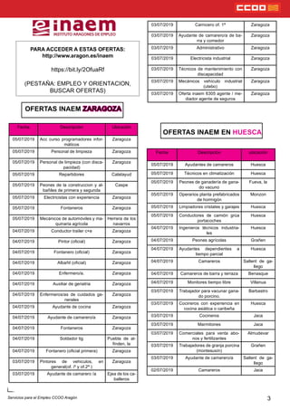 OFERTAS INAEM ZARAGOZA
PARA ACCEDER A ESTAS OFERTAS:
http://www.aragon.es/inaem
https://bit.ly/2OfuaRf
(PESTAÑA: EMPLEO Y ORIENTACION,
BUSCAR OFERTAS)
3
OFERTAS INAEM EN HUESCA
Fecha Descripción Ubicación
05/07/2019 Acc curso programadores infor-
máticos
Zaragoza
05/07/2019 Personal de limpieza Zaragoza
05/07/2019 Personal de limpieza (con disca-
pacidad)
Zaragoza
05/07/2019 Repartidores Calatayud
05/07/2019 Peones de la construccion y al-
bañiles de primera y segunda
Caspe
05/07/2019 Electricistas con experiencia Zaragoza
05/07/2019 Fontaneros Zaragoza
05/07/2019 Mecánicos de automóviles y ma-
quinaria agrícola
Herrera de los
navarros
04/07/2019 Conductor trailer c+e Zaragoza
04/07/2019 Pintor (ocial) Zaragoza
04/07/2019 Fontanero (ocial) Zaragoza
04/07/2019 Albañil (ocial) Zaragoza
04/07/2019 Enfermero/a. Zaragoza
04/07/2019 Auxiliar de geriatria Zaragoza
04/07/2019 Enfermeros/as de cuidados ge-
nerales
Zaragoza
04/07/2019 Ayudante de cocina Zaragoza
04/07/2019 Ayudante de camarero/a Zaragoza
04/07/2019 Fontaneros Zaragoza
04/07/2019 Soldador tig Puebla de al-
nden, la
04/07/2019 Fontanero (ocial primera) Zaragoza
03/07/2019 Pintores de vehiculos, en
general(of. iº y of.2ª )
Zaragoza
03/07/2019 Ayudante de camarero /a Ejea de los ca-
balleros
03/07/2019 Carnicero of. 1ª Zaragoza
03/07/2019 Ayudante de camarero/a de ba-
rra y comedor
Zaragoza
03/07/2019 Administrativo Zaragoza
03/07/2019 Electricista industrial Zaragoza
03/07/2019 Técnicos de mantenimiento con
discapacidad
Zaragoza
03/07/2019 Mecánicos vehículo industrial
(utebo)
Zaragoza
03/07/2019 Oferta inaem 6305 agente / me-
diador agente de seguros
Zaragoza
Fecha Descripción ubicación
05/07/2019 Ayudantes de camareros Huesca
05/07/2019 Técnicos en climatización Huesca
05/07/2019 Peones de ganadería de gana-
do vacuno
Fueva, la
05/07/2019 Operarios planta prefabricados
de hormigón
Monzon
05/07/2019 Limpiadores cristales y garajes Huesca
05/07/2019 Conductores de camión grúa
portacoches
Huesca
04/07/2019 Ingenieros técnicos industria-
les
Huesca
04/07/2019 Peones agrícolas Grañen
04/07/2019 Ayudantes dependientes a
tiempo parcial
Huesca
04/07/2019 Camareros Sallent de ga-
llego
04/07/2019 Camareros de barra y terraza Benasque
04/07/2019 Monitores tiempo libre Villanua
03/07/2019 Trabajador para vacunar gana-
do porcino.
Barbastro
03/07/2019 Cocineros con experiencia en
cocina asiática o caribeña
Huesca
03/07/2019 Cocineros Jaca
03/07/2019 Marmitones Jaca
03/07/2019 Comerciales para venta abo-
nos y fertilizantes
Almudevar
03/07/2019 Trabajadores de granja porcina
(montesusín)
Grañen
03/07/2019 Ayudante de camarero/a Sallent de ga-
llego
02/07/2019 Camareros Jaca
Servicios para el Empleo CCOO Aragón
 