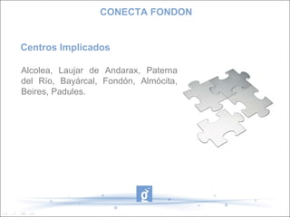 Centros Implicados
Alcolea, Laujar de Andarax, Paterna
del Río, Bayárcal, Fondón, Almócita,
Beires, Padules.
CONECTA FONDON
 