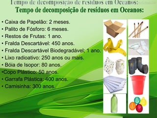 •  Caixa de Papelão: 2 meses. •  Palito de Fósforo: 6 meses. •  Restos de Frutas: 1 ano. •  Fralda Descartável: 450 anos. •  Fralda Descartável Biodegradável; 1 ano. •  Lixo radioativo: 250 anos ou mais. •  Bóia de Isopor: 80 anos. • Copo Plástico: 50 anos. •  Garrafa Plástica: 400 anos. •  Camisinha: 300 anos. Tempo de decomposição de resíduos em Oceanos:  