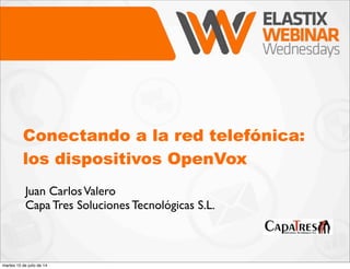 Conectando a la red telefónica:
los dispositivos OpenVox
Juan CarlosValero
Capa Tres Soluciones Tecnológicas S.L.
martes 15 de julio de 14
 