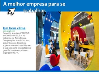 A melhor empresa para se
trabalhar
Um bom clima
www.google.com
Segundo a revista VOCÊS/A
em 2012 com 90,3 % na
categoria de Tecnologia e
Computação. Mas foi no ano
seguinte que o Google se
superou mantendo-se líder em
a sua categoria e na categoria
geral fechando em primeiro
lugar com 90,7%.
 
