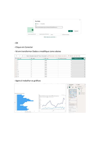 - OK
- Clique em Conectar
- Vá em transformar Dados e modifique como abaixo
- Agora é trabalhar os gráficos
 