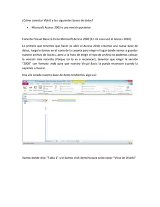 Conectar visual basic 6.0 a microsoft access 2010 | DOCX