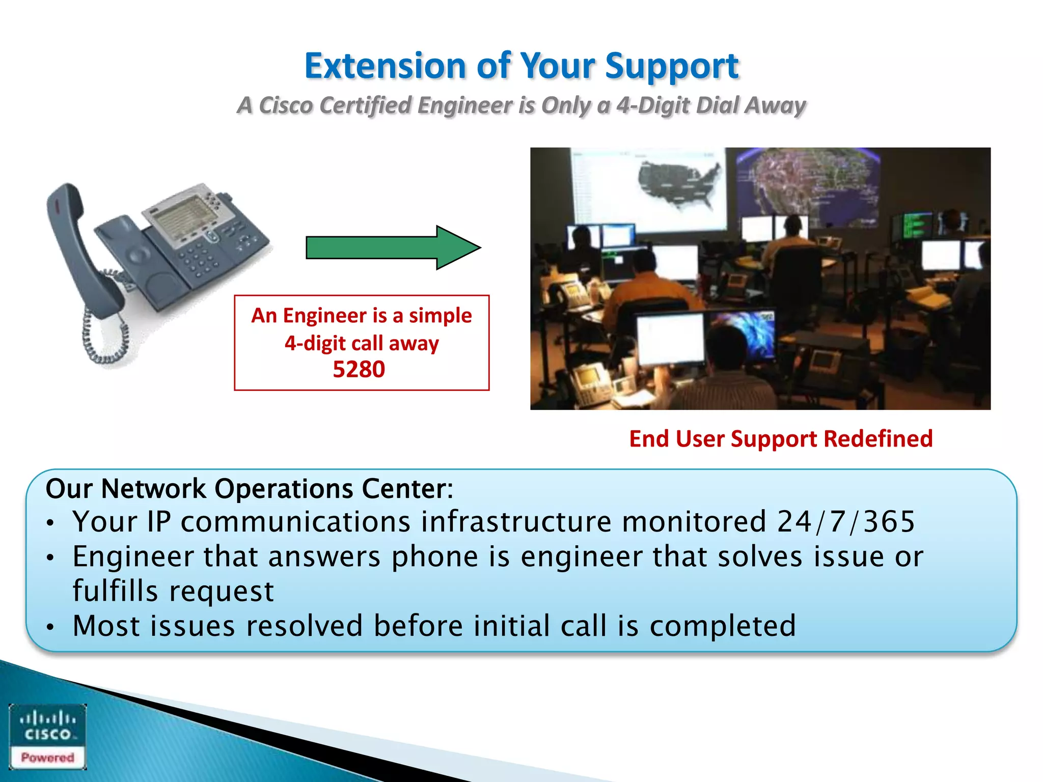 Extension of Your Support
              A Cisco Certified Engineer is Only a 4-Digit Dial Away




               An Engineer is a simple
                  4-digit call away
                       5280

                                                   End User Support Redefined
Our Network Operations Center:
• Your IP communications infrastructure monitored 24/7/365
• Engineer that answers phone is engineer that solves issue or
  fulfills request
• Most issues resolved before initial call is completed
 