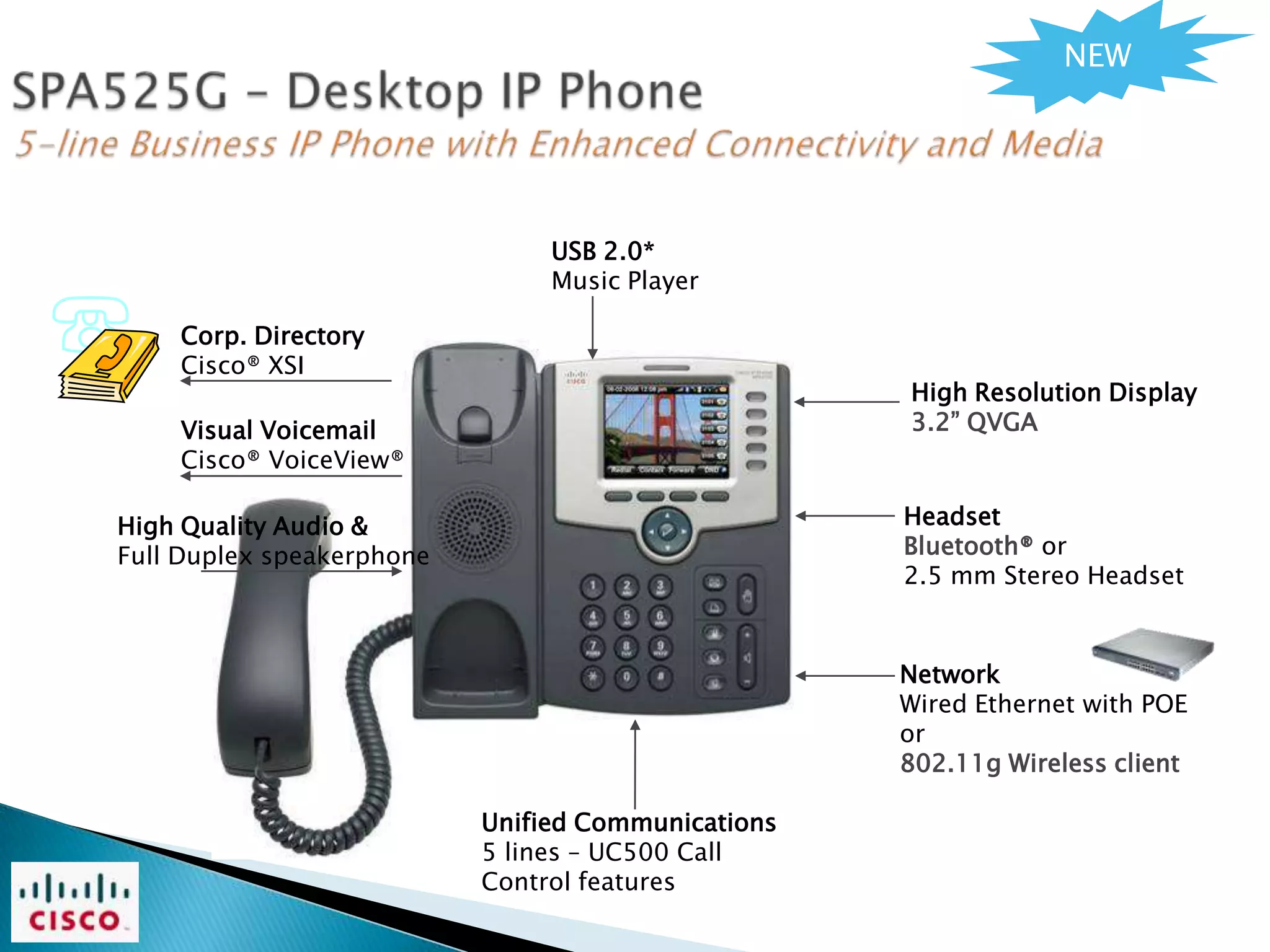 NEW




                                USB 2.0*
                                Music Player

    Corp. Directory
    Cisco® XSI
                                                    High Resolution Display
    Visual Voicemail                                3.2‖ QVGA
    Cisco® VoiceView®

High Quality Audio &                                Headset
Full Duplex speakerphone                            Bluetooth® or
                                                    2.5 mm Stereo Headset


                                                    Network
                                                    Wired Ethernet with POE
                                                    or
                                                    802.11g Wireless client

                           Unified Communications
                           5 lines – UC500 Call
                           Control features
 