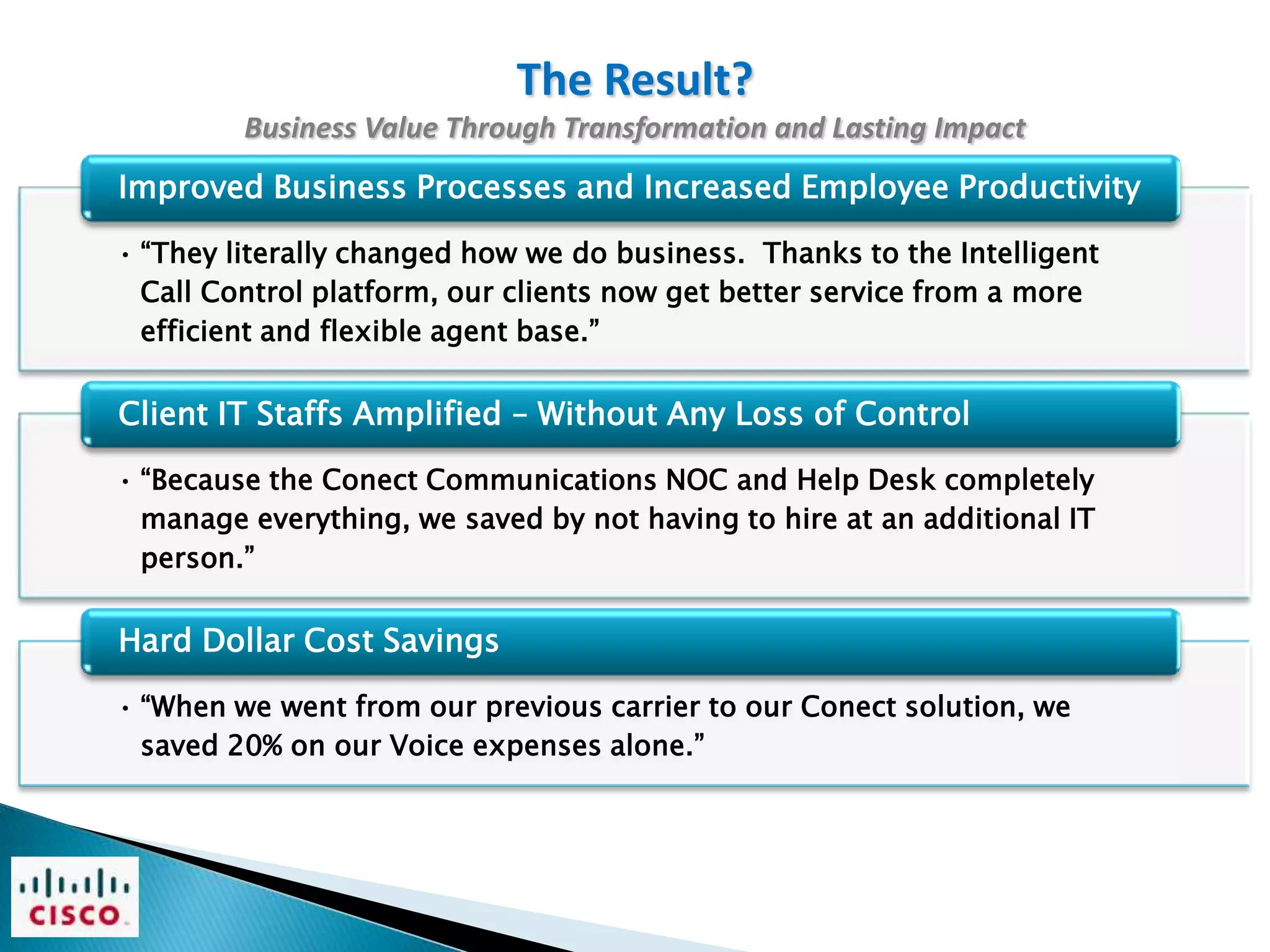 The Result?
         Business Value Through Transformation and Lasting Impact
Improved Business Processes and Increased Employee Productivity

• ―They literally changed how we do business. Thanks to the Intelligent
  Call Control platform, our clients now get better service from a more
  efficient and flexible agent base.‖

Client IT Staffs Amplified – Without Any Loss of Control

• ―Because the Conect Communications NOC and Help Desk completely
  manage everything, we saved by not having to hire at an additional IT
  person.‖

Hard Dollar Cost Savings

• ―When we went from our previous carrier to our Conect solution, we
  saved 20% on our Voice expenses alone.‖
 