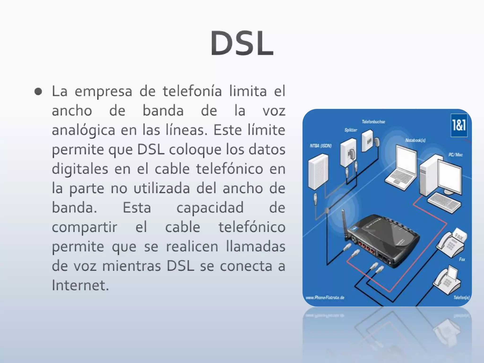 DSLLa empresa de telefonía limita el ancho de banda de la voz analógica en las líneas. Este límite permite que DSL coloque los datos digitales en el cable telefónico en la parte no utilizada del ancho de banda. Esta capacidad de compartir el cable telefónico permite que se realicen llamadas de voz mientras DSL se conecta a Internet.