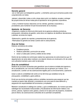 CONECTIVIDAD 
Gerente general: 
-ser un líder para sus trabajadores guiarlos y orientarlos para que la empresa pueda crear 
conjuntamente con todos. 
-planear y desarrollar metas a corto y largo plazo junto con objetivos anuales y entregar 
las proyecciones de dichas metas para la aprobación de los gerentes corporativos. 
-crear y mantener buenas relaciones con los clientes, gerentes corporativos y 
proveedores para mantener el buen funcionamiento de la empresa. 
Asistente de Gerencia: 
-Organizar y analizar la informa la información de la gerencia referida pronósticos, 
presupuesto, indicadores de gestión, entre otros con objetivos de identificar desviaciones 
y plantear acciones de mejora. 
-Elaboración y gestión de reportes y presentaciones de la gerencia. 
–Reemplazar al gerente de ventas cuando este no esté presente. 
Área de Ventas: 
Elaborar pronósticos de ventas: 
 Establecer precios 
 Realizar publicidad y promoción de ventas 
 Llevar un adecuado control y análisis de las ventas 
Dentro de las medidas de control para realizar las operaciones de venta tenemos que: El 
departamento de venta debe mantener una relación directa con el almacén a fin de contar 
con suficiente inventario para cubrir la demanda. 
Área de contabilidad: 
Realizar las acciones necesarias para garantizar que el sistema contable del organismo, 
de su actualización, así como las modificaciones que se generen por motivos de su 
actualización, cuenten con las autorizaciones legales para su funcionamiento y operación. 
Llevar a cabo la contabilidad del centro en los términos que establece la ley de 
presupuesto, contabilidad y gasto públicos. 
Emitir por escrito los principales políticos cantables necesarios para asegurar que las 
cuentas se operen bajo eficiente y consistencia, así como para la clara definición y 
asignación de responsabilidad de funcionarios y empleados. 
Mantener actualizado el catálogo de cuentas y guía contabilizadora, de manera que estos 
satisfagan las necesidades institucionales y fiscalizadoras de información relativa a los 
activos, pasivos, ingresos costo, gastos y avance en la ejecución de programa, recabando 
para el efecto, las autorizaciones suficientes de la autoridad competentes. 
11 
 