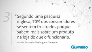 Segundo uma pesquisa
inglesa, 70% dos consumidores
se sentem frustrados porque
sabem mais sobre um produto
na loja do que o funcionário.”
— Luiz Fernando Sambugaro, Gunnebo
3 “
 