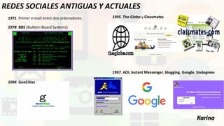 REDES SOCIALES ANTIGUAS Y ACTUALES
1995. The Globe y Classmates
1997. AOL Instant Messenger, blogging, Google, Sixdegrees
1971. Primer e-mail entre dos ordenadores.
1978. BBS (Bulletin Board Systems)
1994. GeoCities
Karina
 
