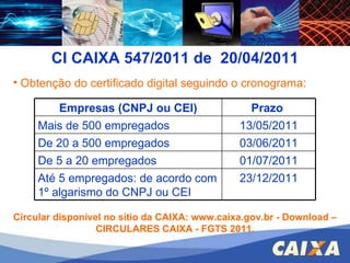 Obtenção do certificado digital seguindo o cronograma: Circular disponível no sítio da CAIXA: www.caixa.gov.br - Download – CIRCULARES CAIXA - FGTS 2011. CI CAIXA 547/2011 de  20/04/2011 Empresas (CNPJ ou CEI) Prazo  Mais de 500 empregados 13/05/2011 De 20 a 500 empregados 03/06/2011 De 5 a 20 empregados 01/07/2011 Até 5 empregados: de acordo com 1º algarismo do CNPJ ou CEI 23/12/2011 