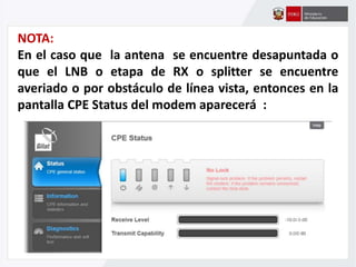 NOTA:
En el caso que la antena se encuentre desapuntada o
que el LNB o etapa de RX o splitter se encuentre
averiado o por obstáculo de línea vista, entonces en la
pantalla CPE Status del modem aparecerá :
 