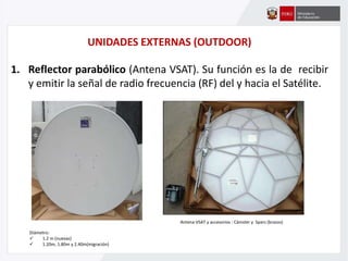UNIDADES EXTERNAS (OUTDOOR)
1. Reflector parabólico (Antena VSAT). Su función es la de recibir
y emitir la señal de radio frecuencia (RF) del y hacia el Satélite.
Diámetro:
 1.2 m (nuevas)
 1.20m, 1.80m y 2.40m(migración)
Antena VSAT y accesorios : Cánister y Spars (brazos)
 