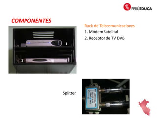 Rack de Telecomunicaciones
1. Módem Satelital
2. Receptor de TV DVB
Splitter
COMPONENTES
1
2
 