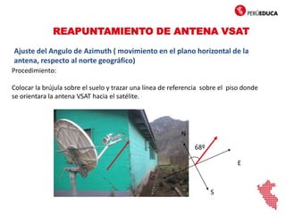 REAPUNTAMIENTO DE ANTENA VSAT
Ajuste del Angulo de Azimuth ( movimiento en el plano horizontal de la
antena, respecto al norte geográfico)
Procedimiento:
Colocar la brújula sobre el suelo y trazar una línea de referencia sobre el piso donde
se orientara la antena VSAT hacia el satélite.
N
S
w
E
68º
 