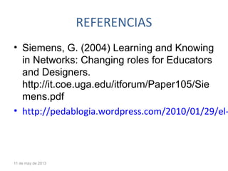 REFERENCIAS
• Siemens, G. (2004) Learning and Knowing
in Networks: Changing roles for Educators
and Designers.
http://it.coe.uga.edu/itforum/Paper105/Sie
mens.pdf
• http://pedablogia.wordpress.com/2010/01/29/el-
11 de may de 2013
 