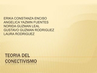 TEORIA DEL
CONECTIVISMO
ERIKA CONSTANZA ENCISO
ANGELICA YAZMIN FUENTES
NORIDA GUZMAN LEAL
GUSTAVO GUZMAN RODRIGUEZ
LAURA RODRIGUEZ
