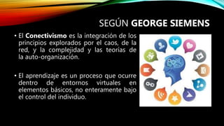 SEGÚN GEORGE SIEMENS
• El Conectivismo es la integración de los
principios explorados por el caos, de la
red, y la complejidad y las teorías de
la auto-organización.
• El aprendizaje es un proceso que ocurre
dentro de entornos virtuales en
elementos básicos, no enteramente bajo
el control del individuo.
 