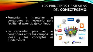 LOS PRINCIPIOS DE SIEMENS
DEL CONECTIVISMO:
• Fomentar y mantener las
conexiones es necesario para
facilitar el aprendizaje continuo.
• La capacidad para ver las
conexiones entre los campos, las
ideas y los conceptos es
fundamental.
 